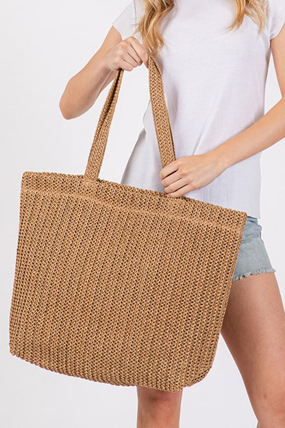 Camel Solid Color Straw Woven Summer Beach Tote Bag