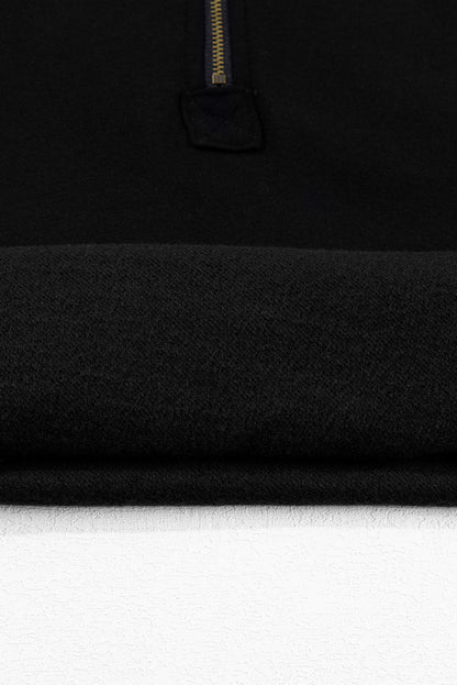 Black Fleece Lined Half Zipper Kangaroo Pockets Loose Hoodie