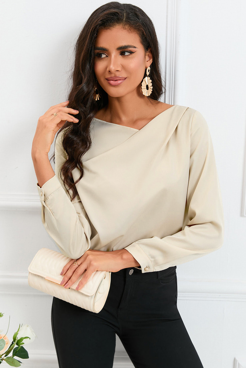 White Solid Asymmetric V Neck Long Sleeve Satin Blouse