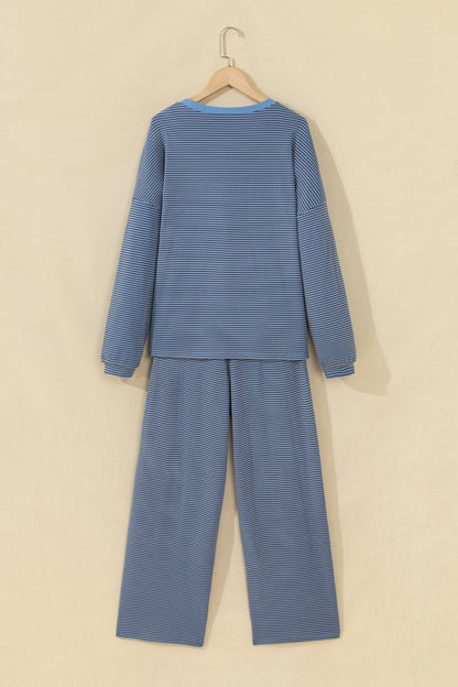 Blue Stripe Contrast Trim Round Neck Oversize Long Sleeve Top 2pcs Pant Set
