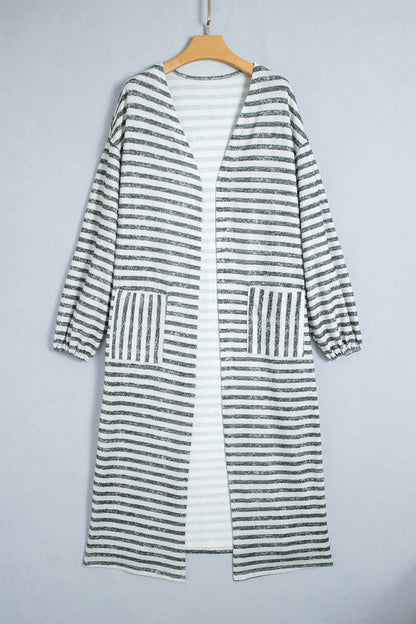 Khaki Stripe Long Puff Sleeve Open Front Oversized Long Cardigan