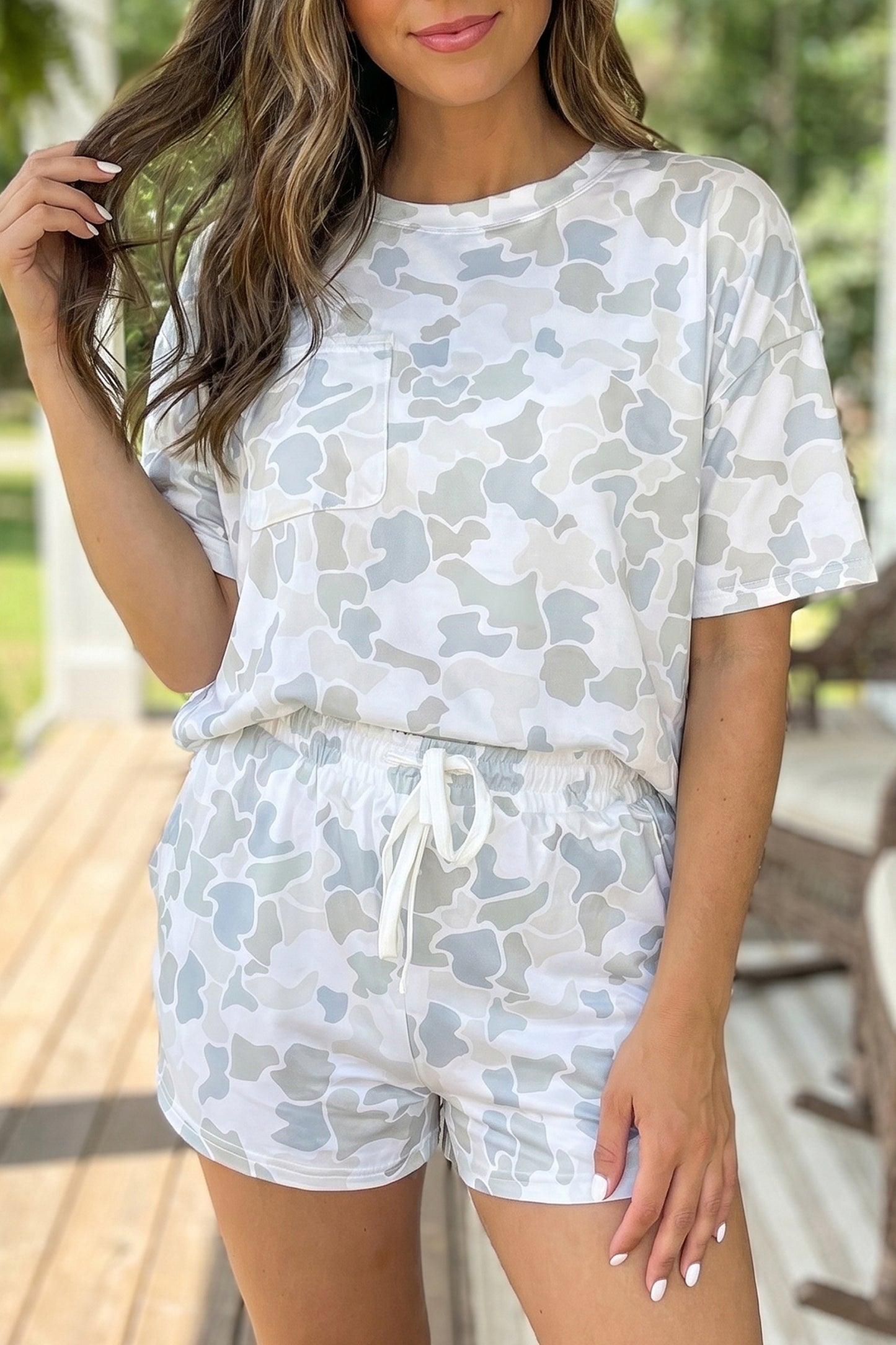 Multicolour Camouflage Print Casual Tee Drawstring Short Set