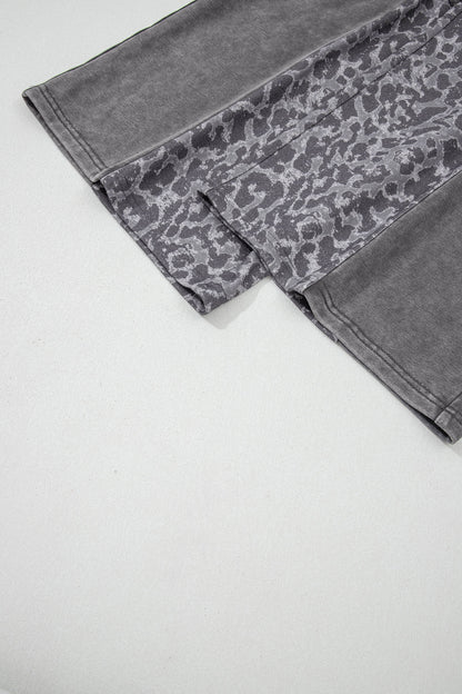 Dark Grey Mineral Wash Leopard Patchwork Loose Pants