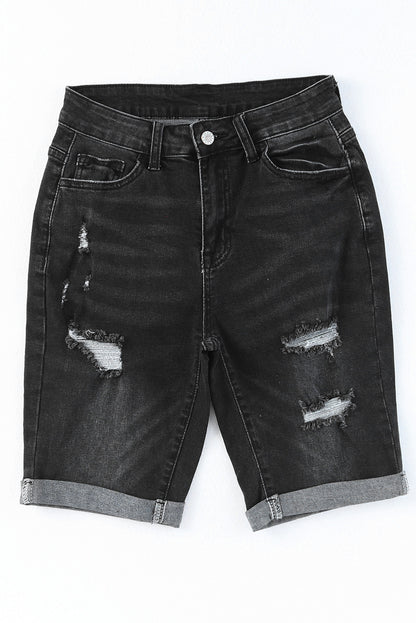 Short bermuda en jean effet vieilli et retroussé 