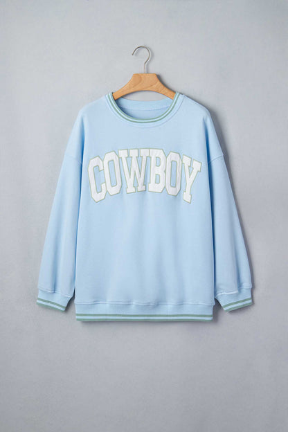 Beau Blue Embroidered Cowboy Letter Print Long Sleeve Round Neck Sweatshirt