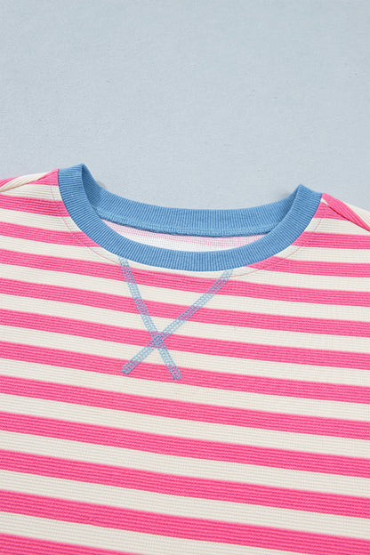 Pink Stripe Contrast Patchwork Short Sleeve Loose Tee