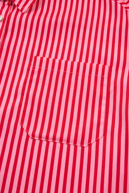 Red Stripe Button-Up Shirt Long Sleeve Patch Pocket Casual Shirt