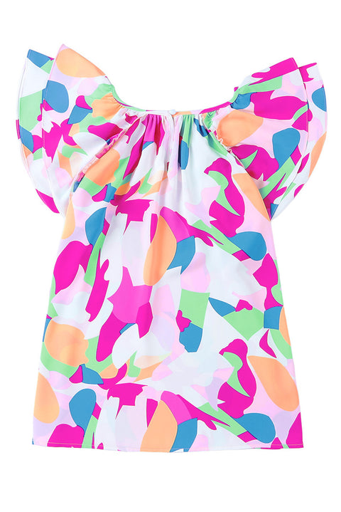 Multicolor Abstract Pattern Ruffle Short Sleeves Blouse