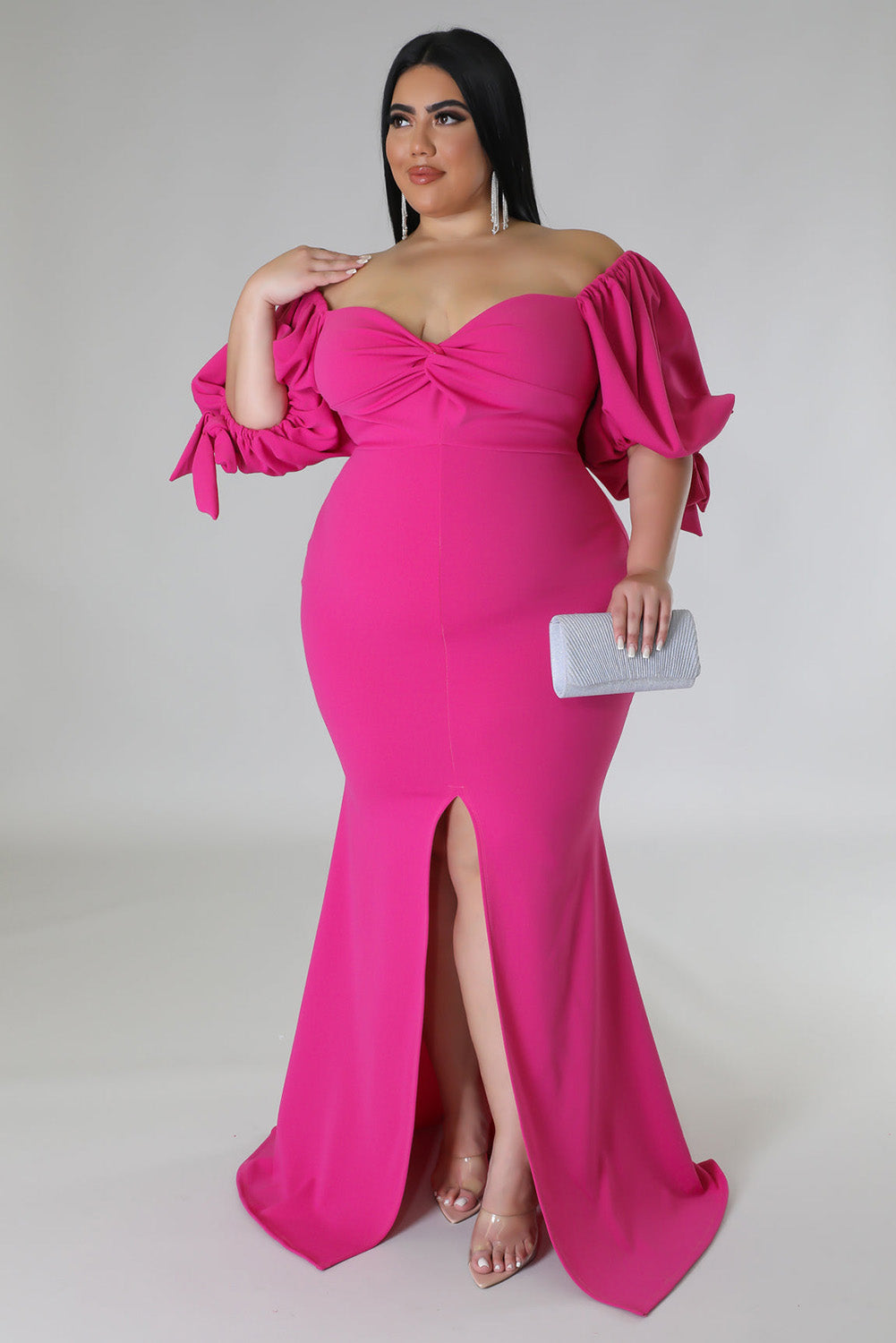Bow Tie Puff Sleeve Plus Size High Slit Maxi Dress