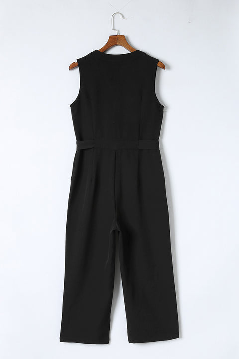 Buttoned Sleeveless Cropped Jumpsuit with Sash