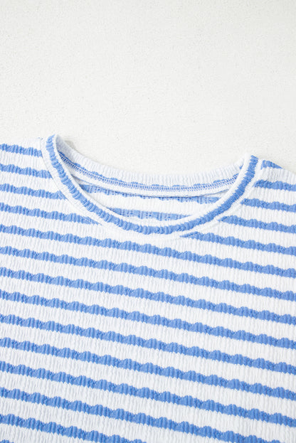Sky Blue Stripe Knitted Short Sleeve Top and Drawstring Shorts Set