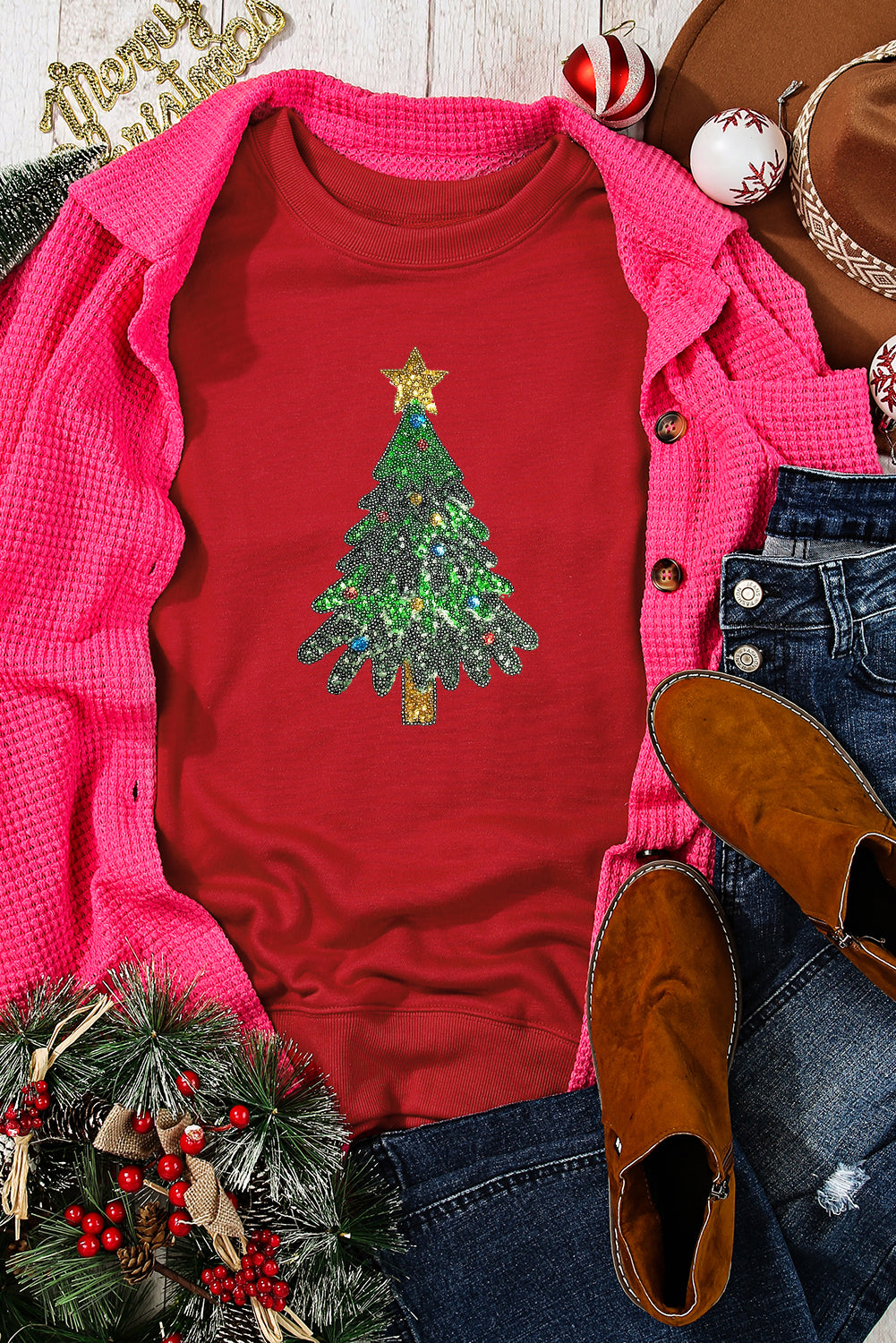Black Sequined Christmas Tree Pattern Pullover Sweatshirt