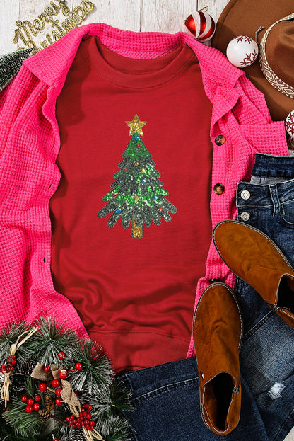 Black Sequined Christmas Tree Pattern Pullover Sweatshirt