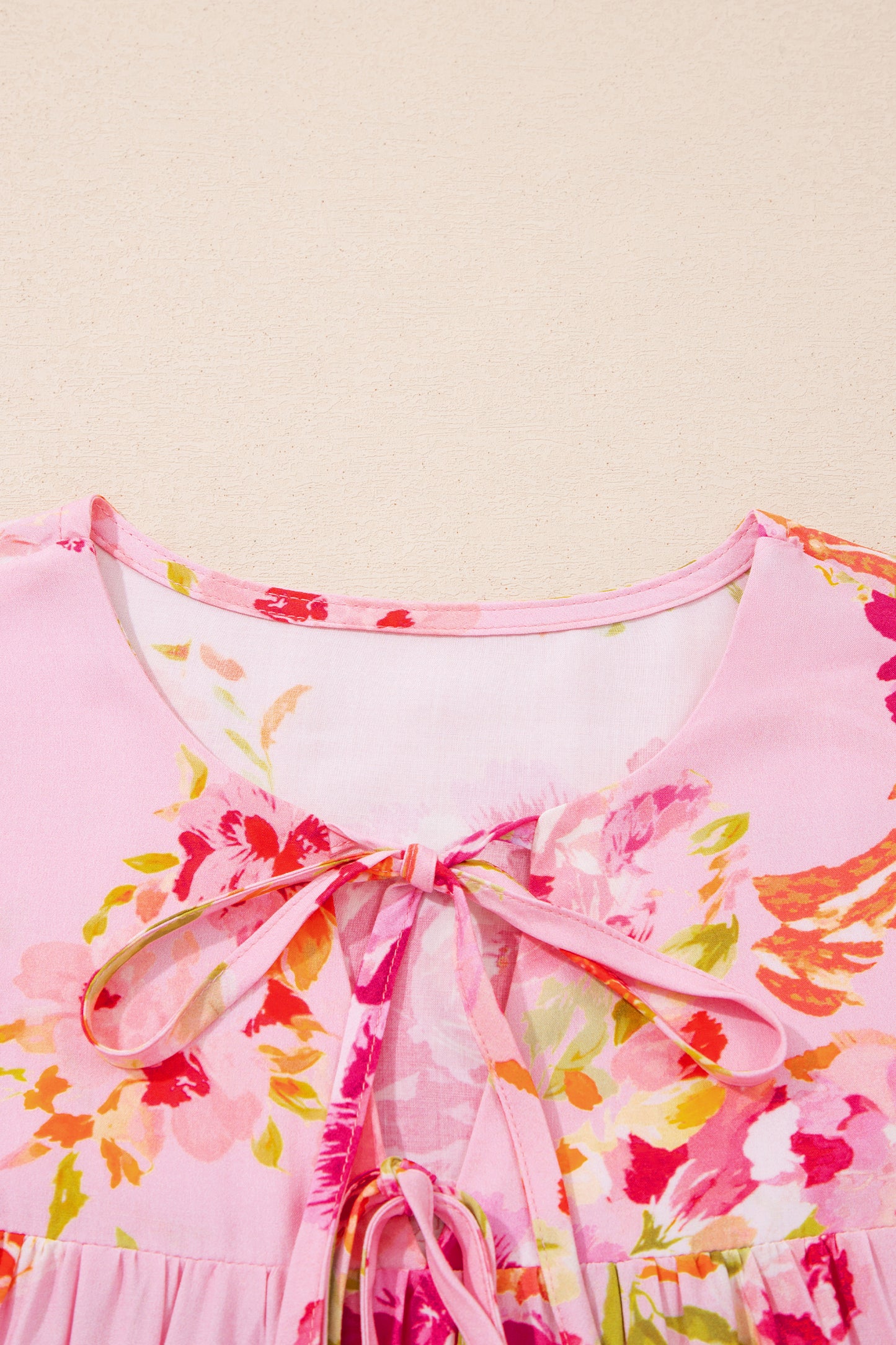 Pink Floral Print Tie Neck Puffy Half Sleeve Blouse