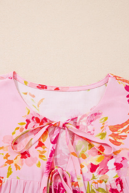 Pink Floral Print Tie Neck Puffy Half Sleeve Blouse