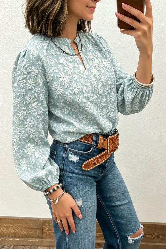 Iceland Blue V Neck Floral Textured Long Sleeve Casual Blouse