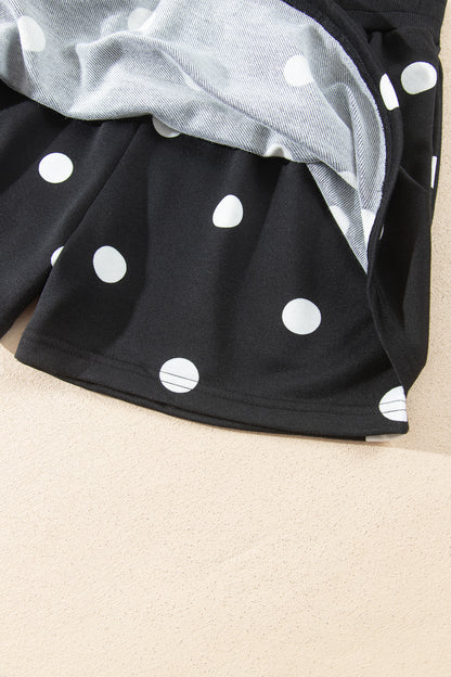 Black Polka Dot Raw Hem Relaxed Pullover Loose Skort Two Piece Set