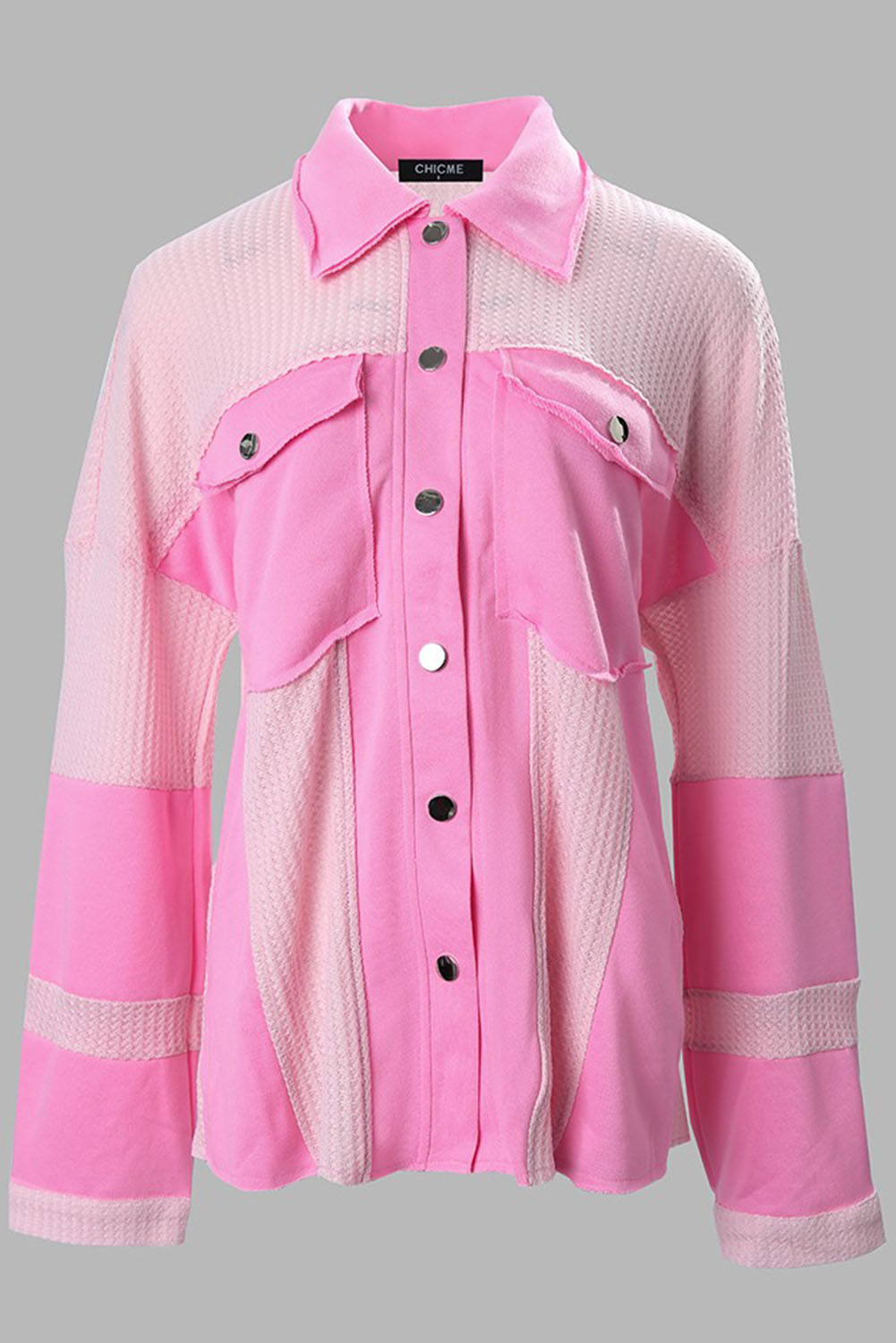 Veste-chemise à poches en patchwork gaufré rose colorblock 