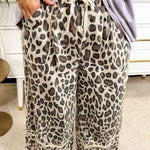 Khaki Exposed Seam Patched Pocket Plus Size Drawstring Leopard Wide Leg Pants