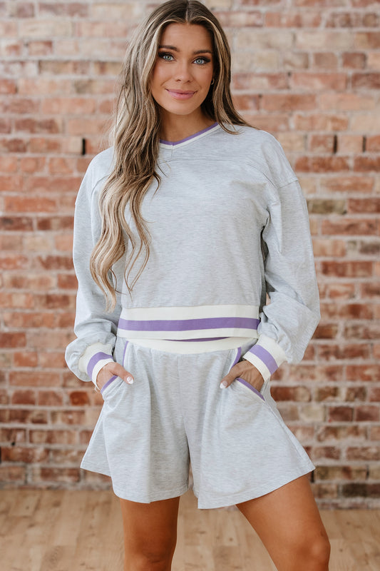 Light Grey Contrast Striped Bands Cropped Pullover and Athletic Short Set