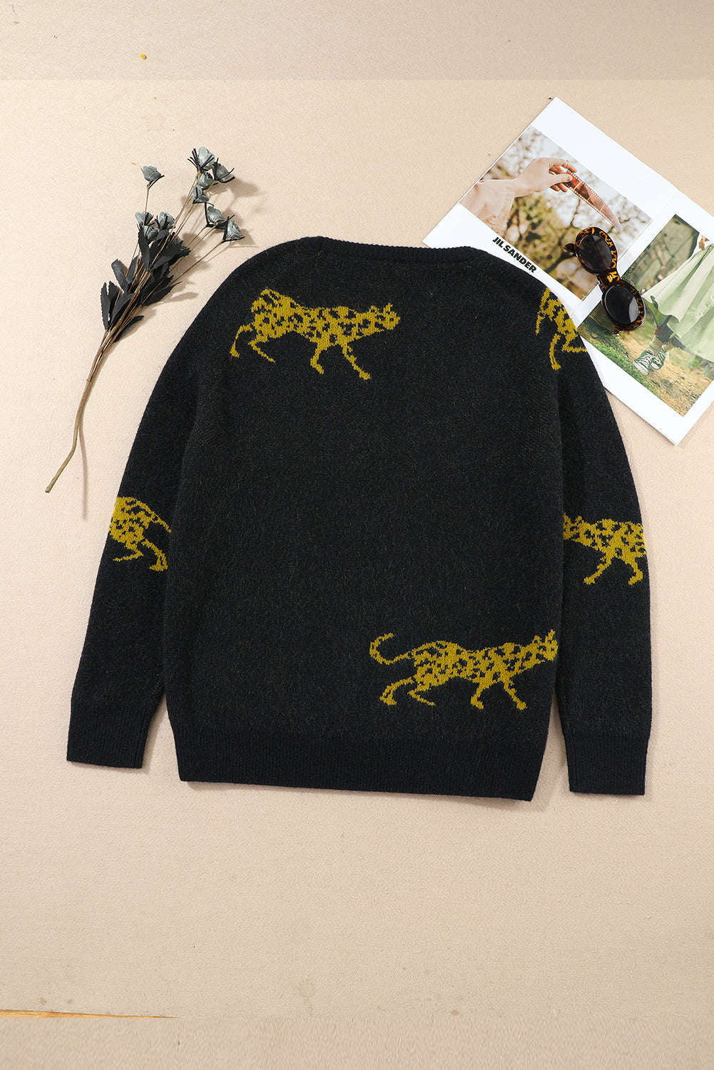Pull col rond en maille à motif guépard noir 