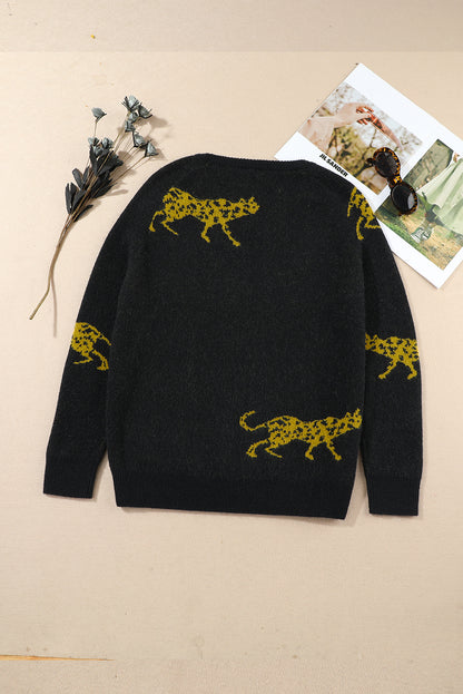 Pull col rond en maille à motif guépard noir 
