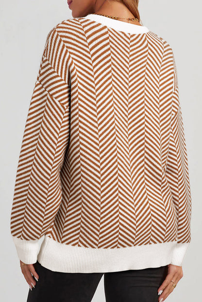 Pull ras du cou à épaules tombantes et bords contrastés couleur café