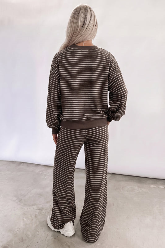 Brown Stripe Cozy Terry Knit Long Sleeve Pullover Pocketed Shift Pants 2pcs Sets