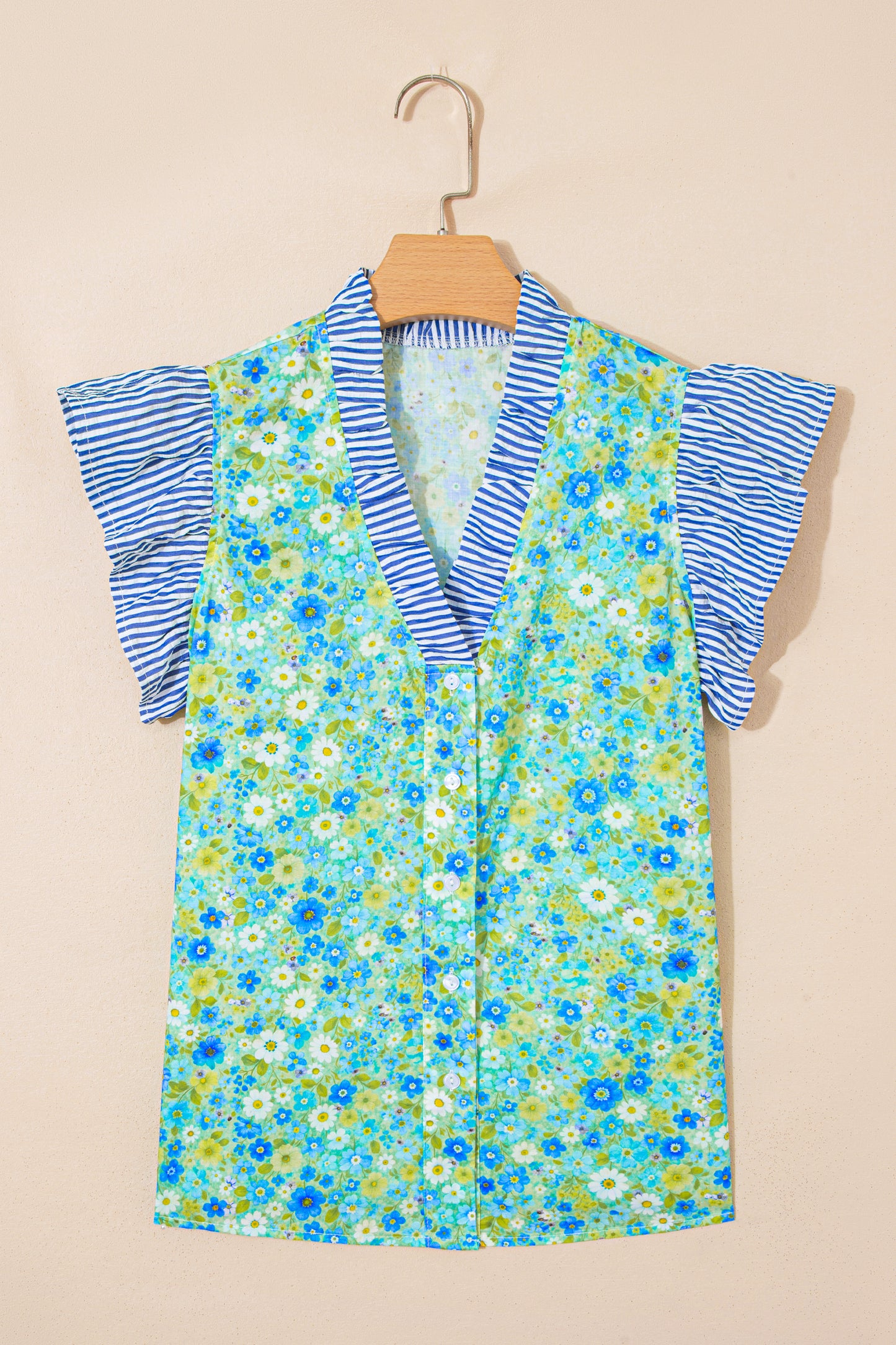 Green Floral Painting Print Striped Patchwork Flutter Sleeve V Neck Blouse