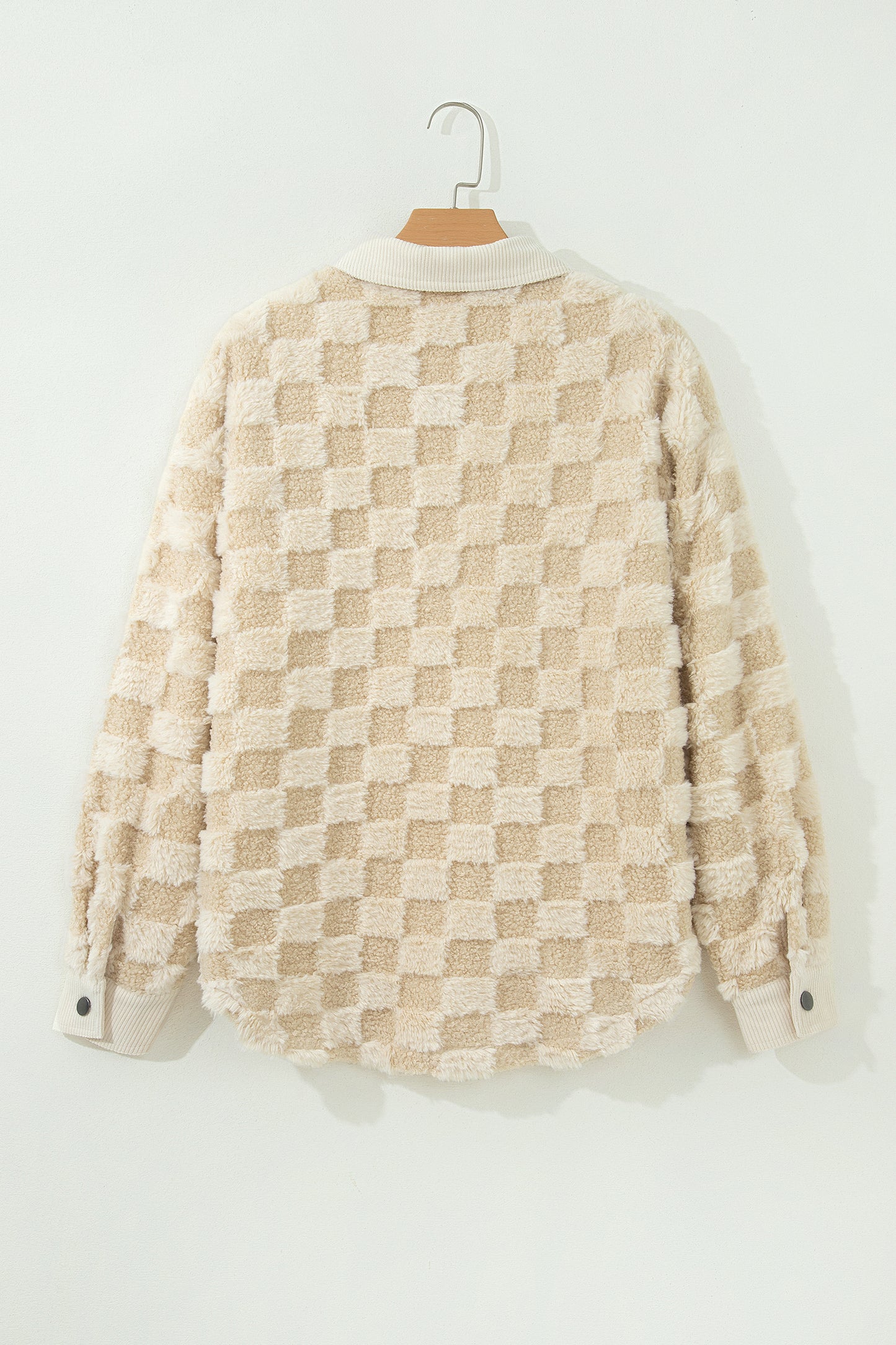 Khaki Plush Checkered Corduroy Trim Metal Button Long Sleeve Shift Silhouette Shacket