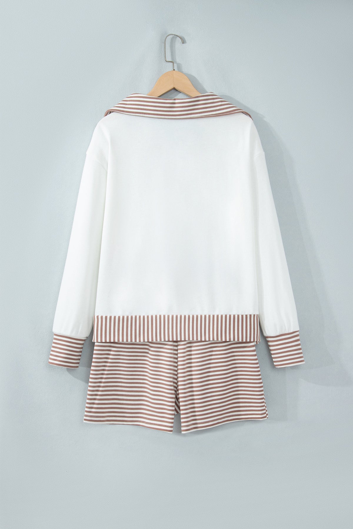Khaki Stripe Color Block Patchwork Long Sleeve Top Drawstring Shorts Set
