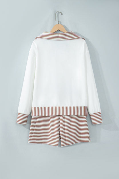 Khaki Stripe Color Block Patchwork Long Sleeve Top Drawstring Shorts Set