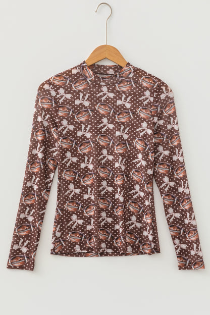 Brown Polka Dot Bow Football Print Long Sleeve Mesh Top