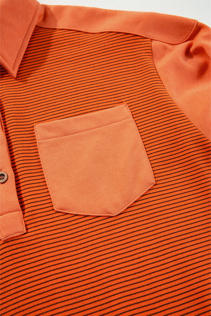 Sweat-shirt Henley à rayures orange, coutures apparentes, col rabattu et manches bouffantes