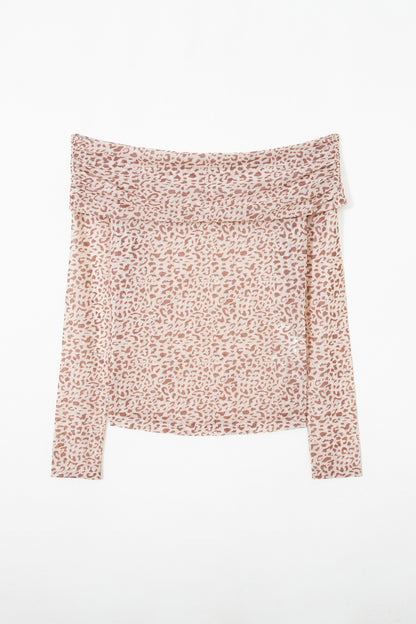 Brown Leopard Print Foldover Off Shoulder Long Sleeve Mesh Top