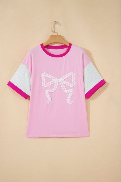 Gossamer Pink Embroidered Bow Detail Color Block Loose Tee