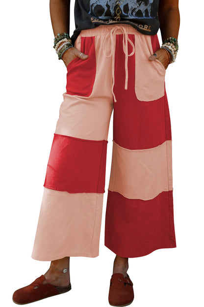 Fiery Red Raw Seam Colorblock Wide Leg Ankle Length Casual Pants