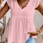 Light Pink Textured Ruffled Trim V Neck Flutter Flowy Top