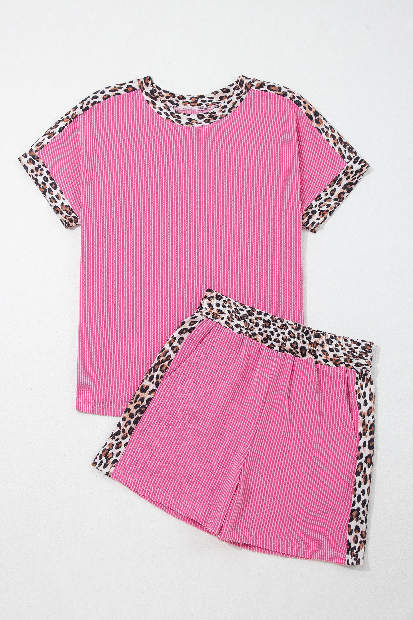 Light Grey Leopard Trim Twist Ribbed Short Set