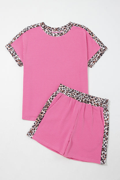 Light Grey Leopard Trim Twist Ribbed Short Set