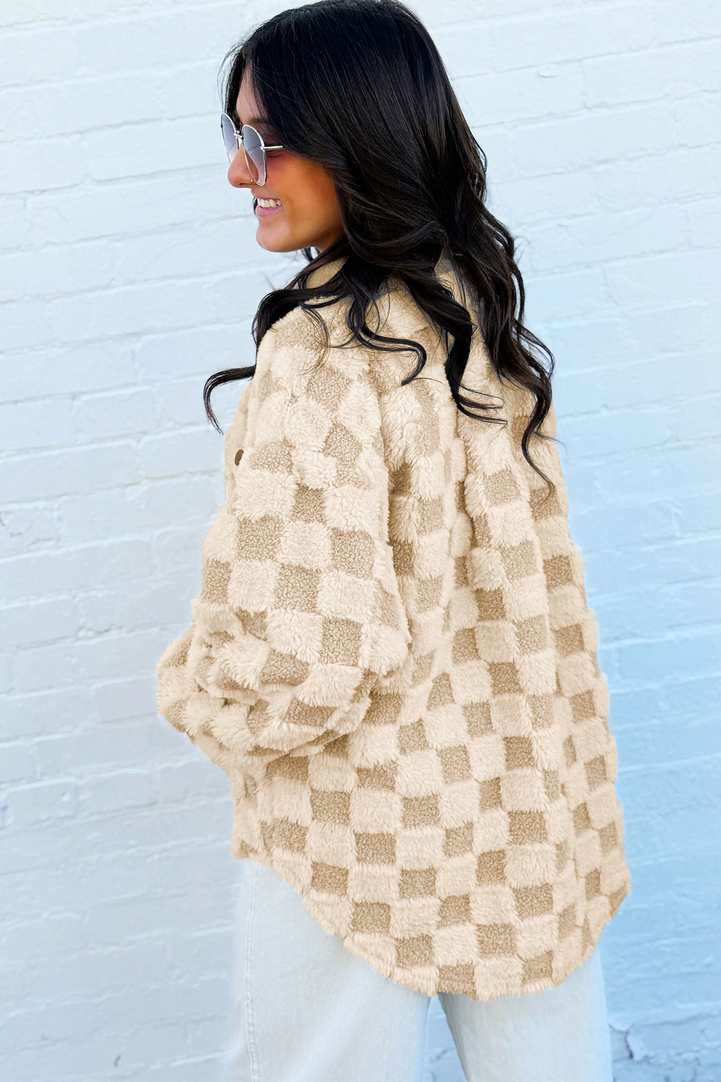 Khaki Plush Checkered Corduroy Trim Metal Button Long Sleeve Shift Silhouette Shacket