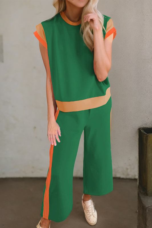 Dark Green Color Block Detail Casual Two-piece Set