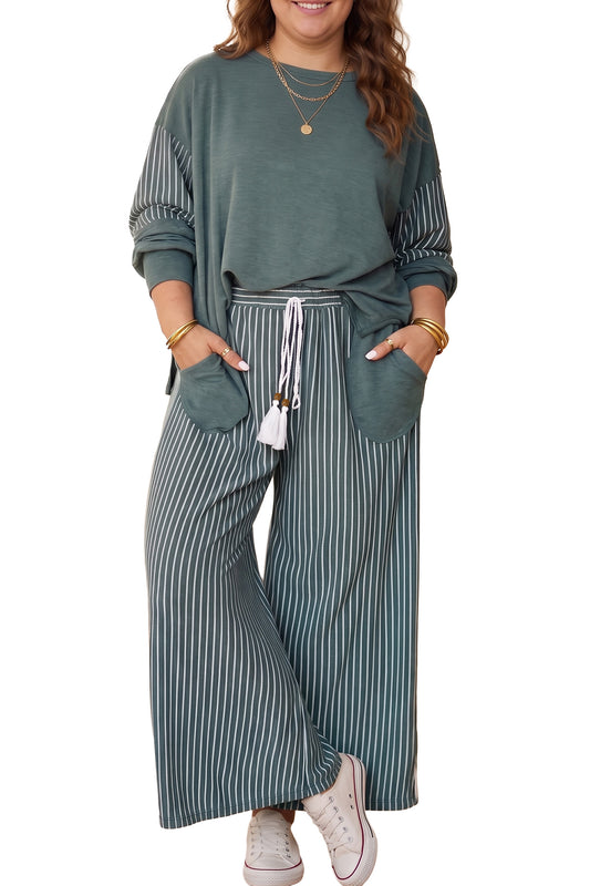 Green Bay Striped Patchwork Long Sleeve Casual Plus Size Two-piece Outfit