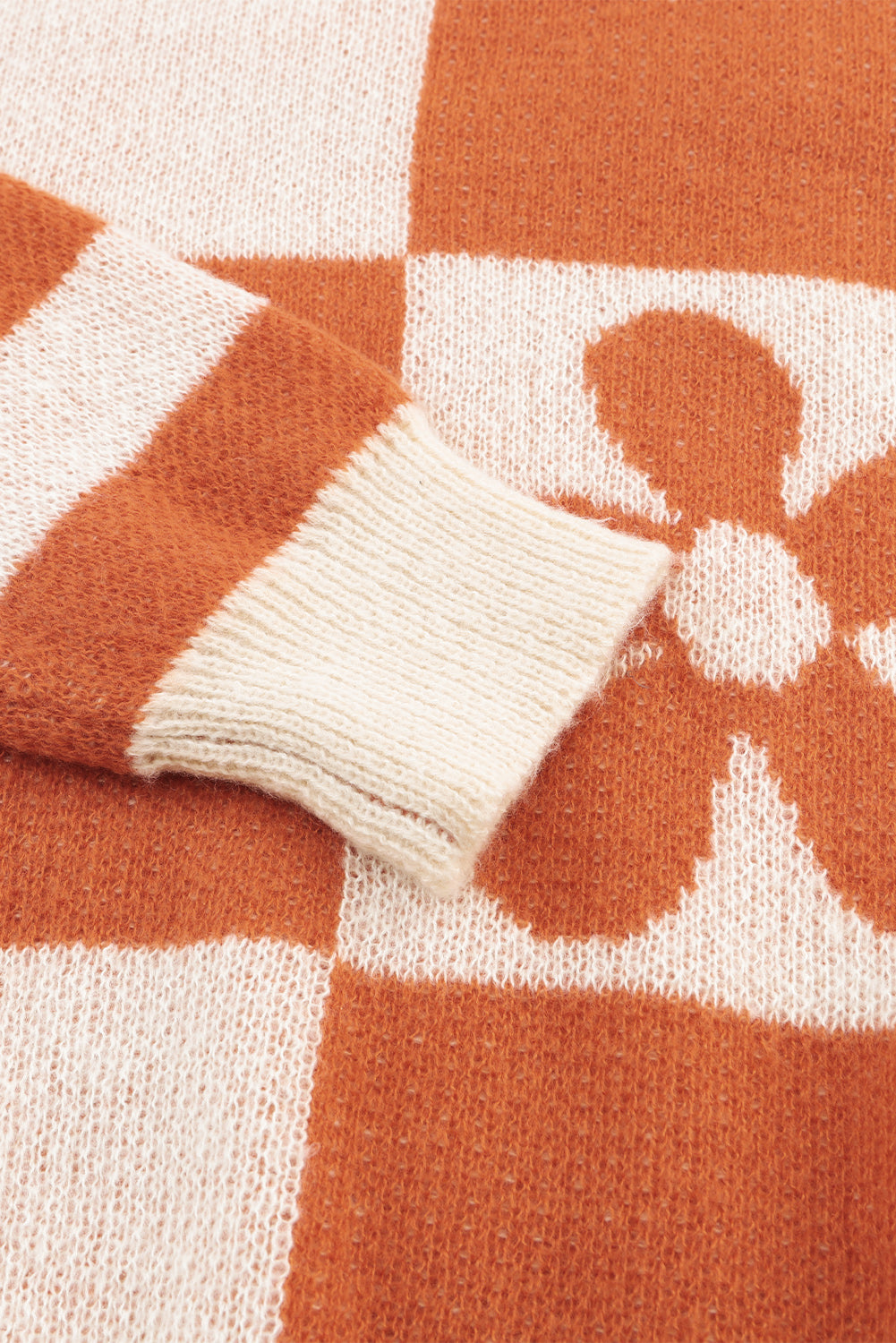 Pull à manches rayées et imprimé floral à carreaux marron