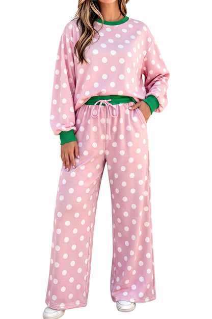 Pink Polka Dot Contrast Trim Long Sleeve Top Drawstring Shift Pants Set