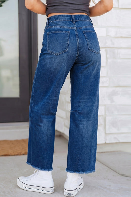 Sail Blue Frayed Cropped Straight Jeans