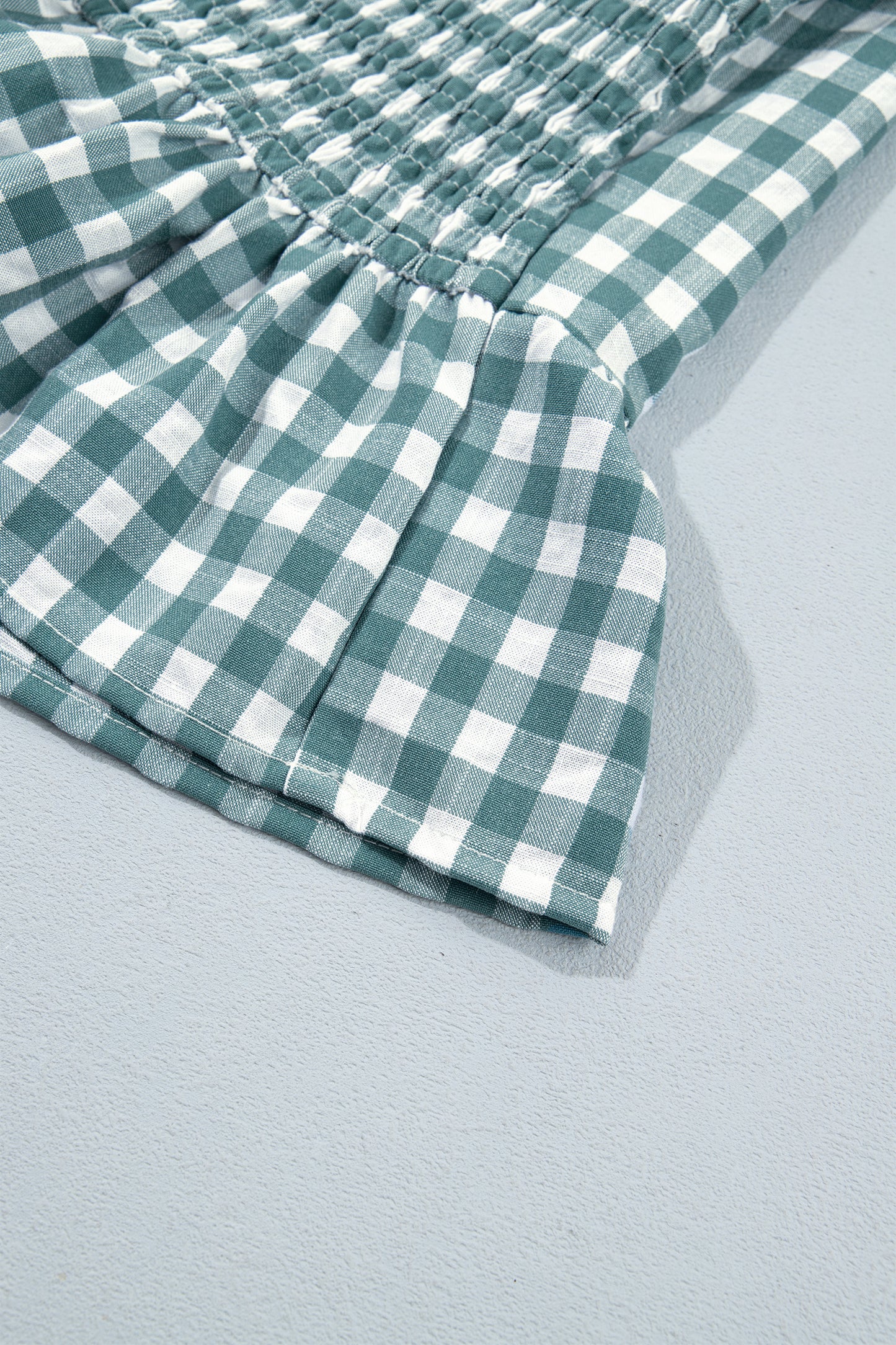 Green 3/4 Sleeve Shirred Plaid Peplum Top