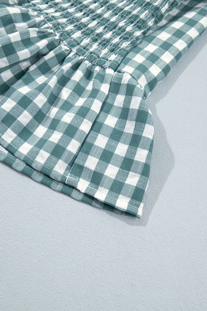 Green 3/4 Sleeve Shirred Plaid Peplum Top