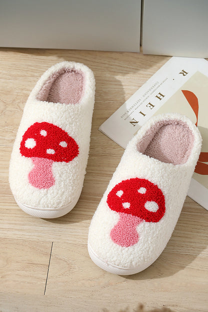 White Cute Cartoon Mushroom Graphic Fuzzy Winter Slippers