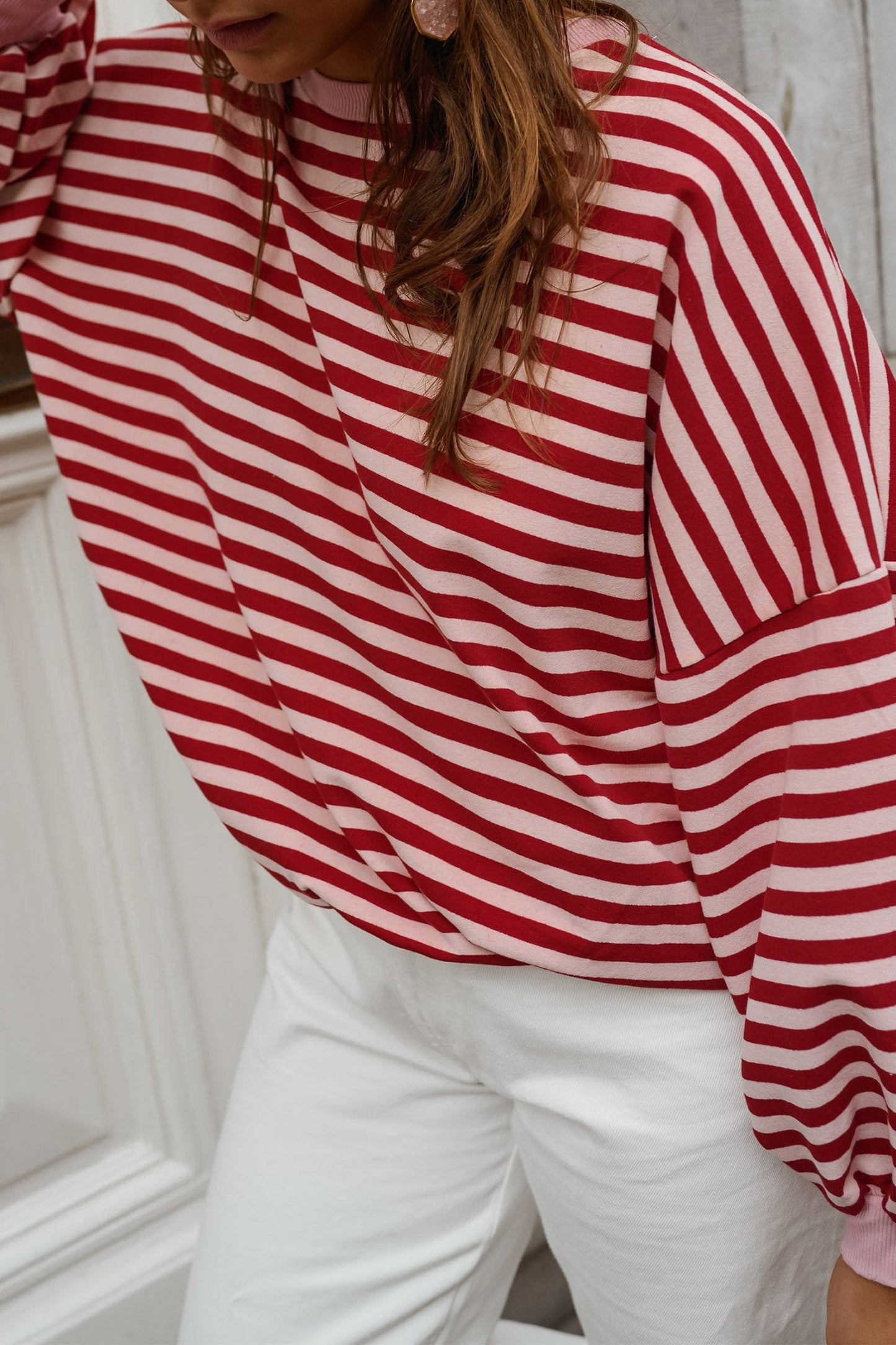 Red Stripe Cutout Open Back Long Sleeve Loose Top